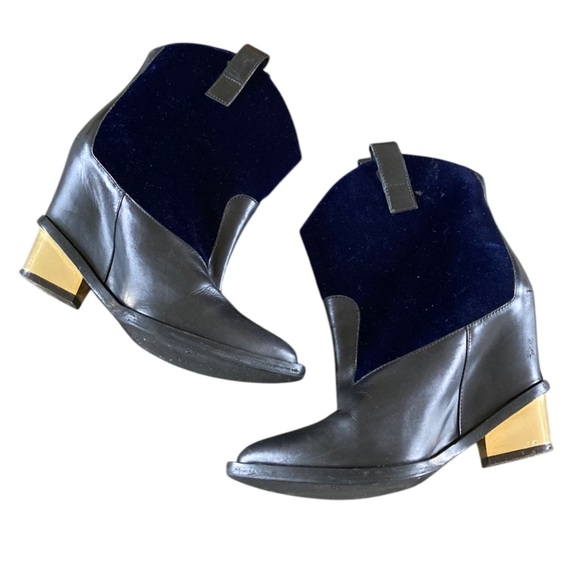 Giuseppe Zanotti Western Black Leather x Gold Blue Velour Leather Ankle Boots - Picture 3 of 14